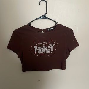 brown honey cropped tee. size medium.